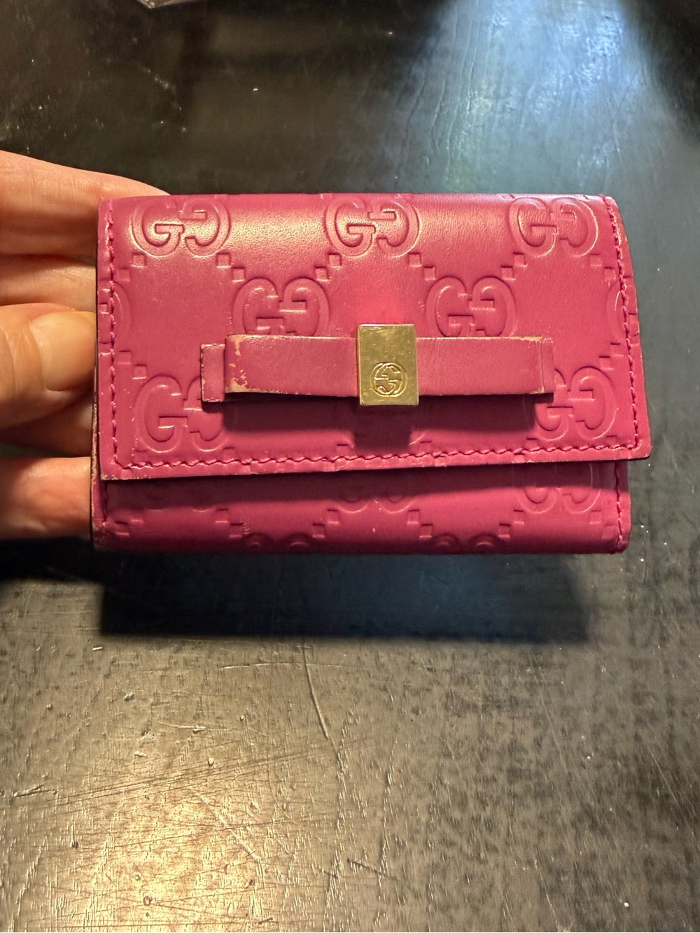 Gucci Guccissima Magenta Bow Ribbon Key Case